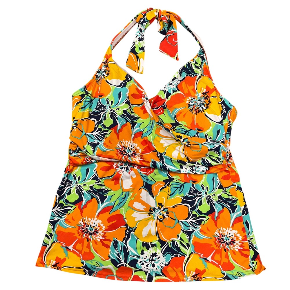 Lands End Tankini Top Womens 12 Orange Floral Halter Vivid Tropical Beachwear
